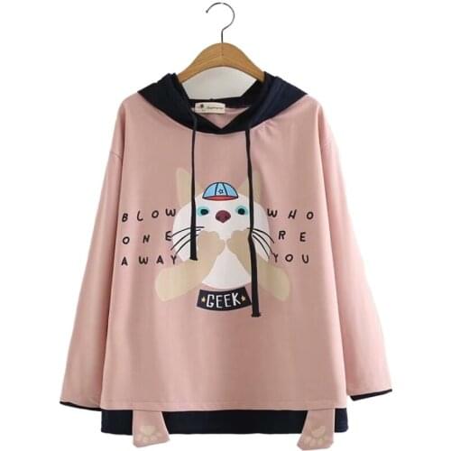 MERRY PRETTY Harajuku Hooded Sweatshirts 2018 Autumn Women Long Sleeve Patchwork Pullovers Femme Cute Cartoon Cat Print Hoodies