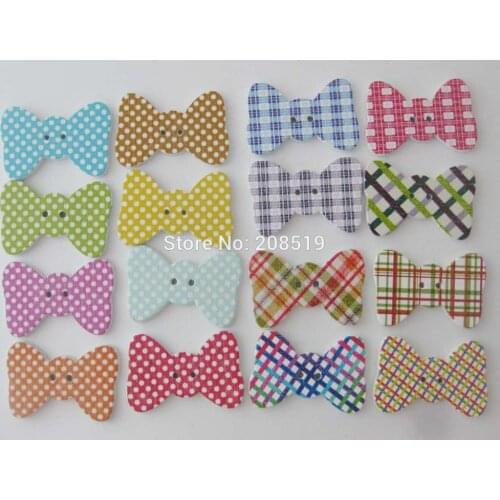 WBNAAS 100pcs Mix Printed Dots and Plaid jewelry buttons wood 20mm*30mm bows shape sewing accessories