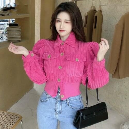 Turn Down Collar Puff Long Sleeve Single Breast Blouse Women Slim Fit Corduroy Solid Blusas Spring Shirt Outwear 2021