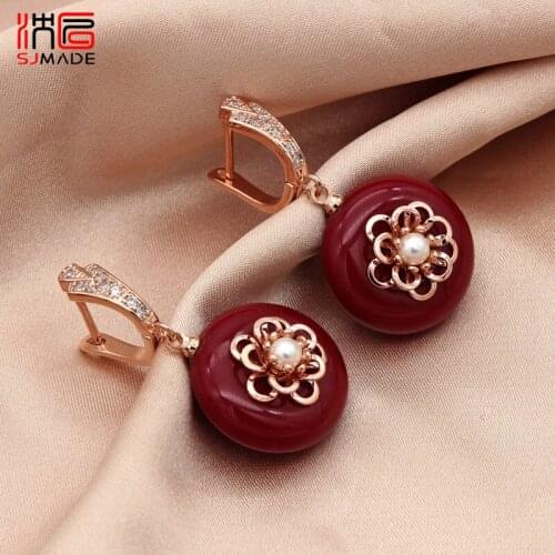 SJMADE Chinese style Big Round Oxblood Red Acrylic Dangle Earrings Temperament 585 Rose Gold 2019 Fashion Women Wedding Jewelry