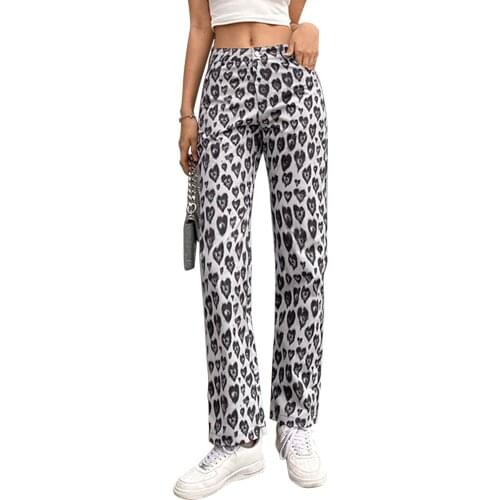 Women Love Heart Print Trousers, Loose Fit High Waist Long Pants with Pockets for Summer