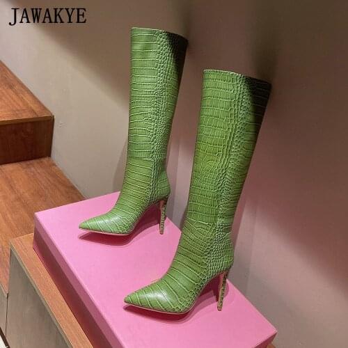 Green Stone Pattern Women Runway Boots Pointy Toe Super High Heel Long Boots Chic Genuine Leather Side Zipper Candy Color Boots