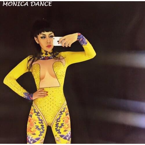 Blue Dragon Gold Rhinestone Sexy Stage Jumpsuit Women Singer Dancer Stage Wear Bodysuit Leggings Costume Glisten Stone Clothing