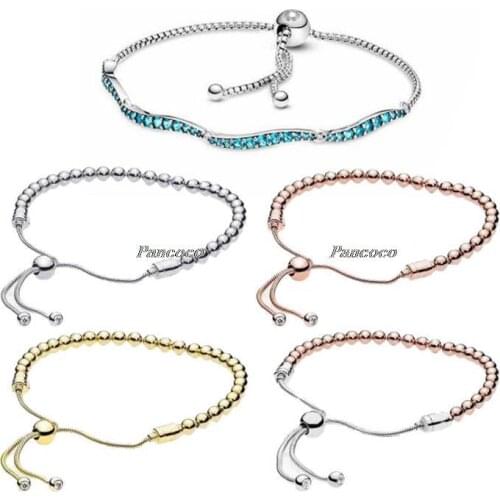Authentic 925 Sterling Silver Blue Wavy Slider Bracelet Bangle Fit Women Bead Charm Pandora Jewelry