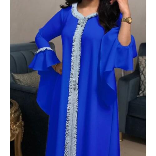 Middle East Malay Lotus Sleeve Embroidered Gold Lace Dress Jalabiya Muslim Womens Dress Blue