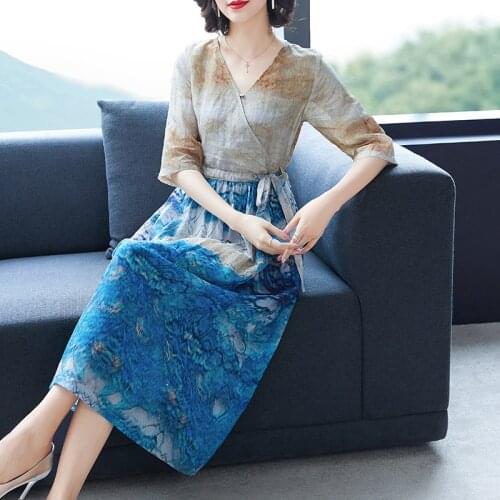 Summer Korea 3XL Plus Size Elegant Women Beach Dresses 2021 Vintage Boho Print Cotton Linen Midi Sundress Bodycon Party Vestidos