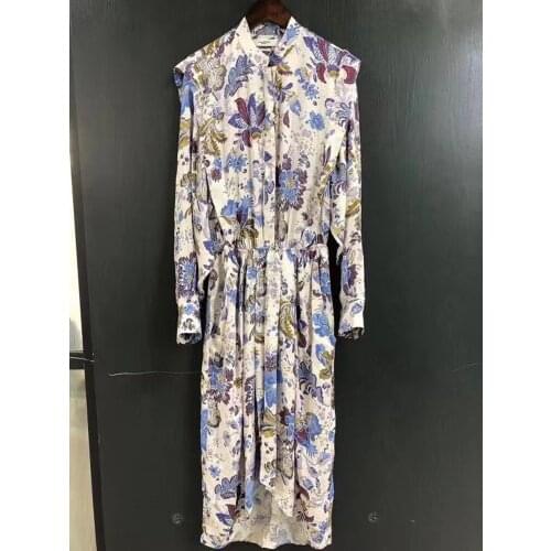 2021 Autumn Women Vintage Print Women Midi Dress Long Sleeve Elastic Waist O-Neck Irregular Robe with Buttons
