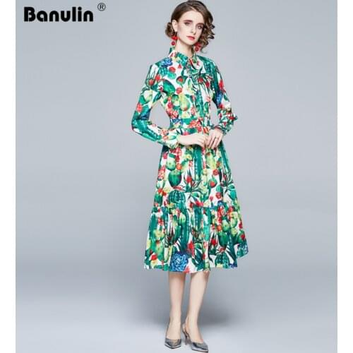 Banulin Autumn Fashion Runway Ruffles Pleated Party Dress Womens Long Sleeve Floral Print Button Elegant Bohemia Midi Dress