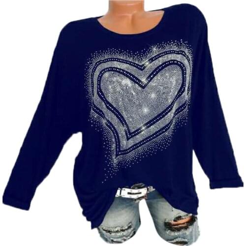 40# T-shirts Women Clothing 2020 Ladies Round Neck Point Diamond Love Pattern Casual T-shirt Long Sleeve Top Женские Футболки