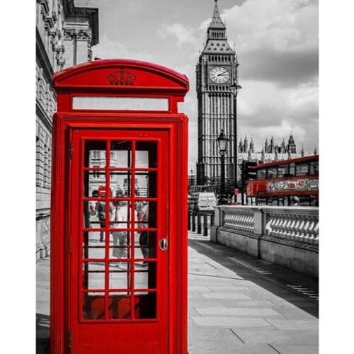 5D DIY Diamond Painting Landscape London Street Red Telephone Booth,Red Bus Mosaic Cross Stitch Embroidery Scenery Craft FC388