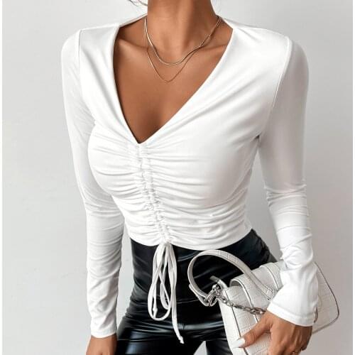 White Sexy Open Navel Drawstring Women T-shirt V-neck Low-cut All-match Slimming Pleated Long Sleeve Ladies Crop Tops Streetwear