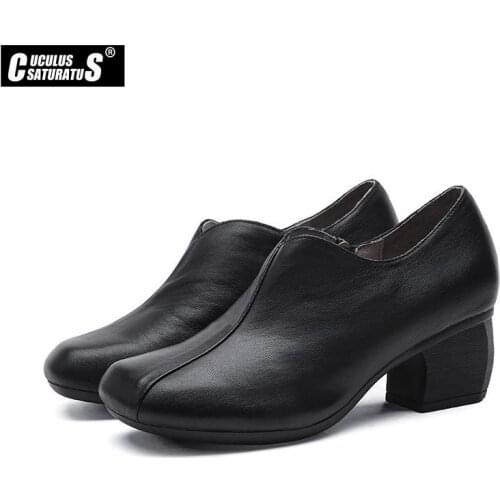Cuculus British style carved Shoes genuine Leather Retro Vintage Women High Heels Square Heel Round Toe Buckle Pumps Shoes