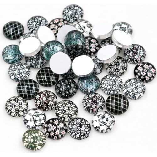 Hot Sale 50pcs 8mm and 10mm 12mm Black Flower Mixed Handmade Glass Cabochons Pattern Domed Jewelry Accessories Supplies