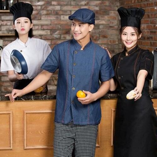 Unisex Topstitched Chef Jacket Coat Single Breasted Short Sleeves Shirt Kitchen Uniform with Mandarin Collar Lfte Pocket