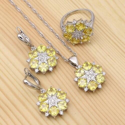 925 Silver Jewelry Sets For Women Yellow Cubic Zirconia Pendant Necklace Ring Drop Earrings Set