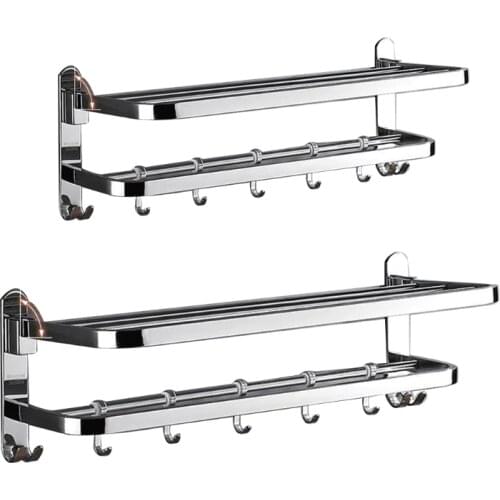 Stainless Steel Wall Mounted Foldable Bath Towel Rack Rail Holder Punch-Free Bathroom Storage Shelf with 4 Sliding Hooks W3JE