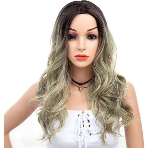 Hywamply 26" Long Length Brown Blonde Ombre Wavy Wigs Loose Deep Medium Part Synthetic Hair Vogue Wig