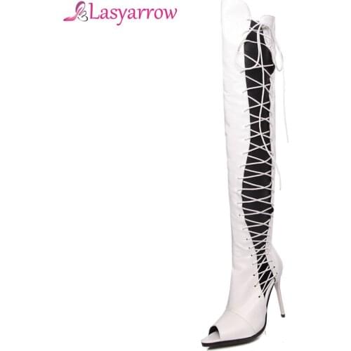 Lasyarrow Sexy High Heels Boots Women Peep Toe Footwear Cross Tied Over The Knee Boot Female Shoes Woman 2019 Summer Sandals