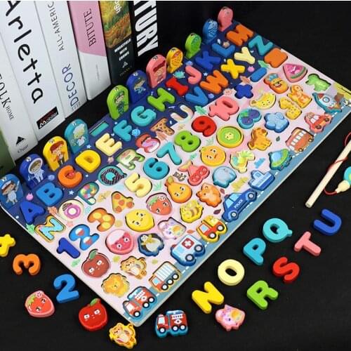 Montessori Educational Wooden Toy Digital Arithmetic Magnetic Fishing Board Game Color Geometry Cognitiontoys For Children Gift
