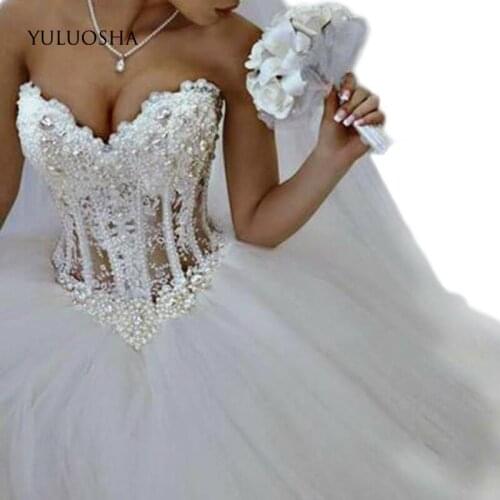 YULUOSHA Wedding Dresses 2020 New Strapless Lace Sexy Beaded Wedding Dress Vestido De Noiva Bridal Gown Luxury Wedding Dress