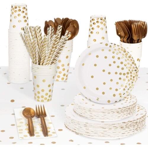 Party Plates White Gold Supplies Tableware Disposable Dinnerware Sets for Birthday Graduation Fathers Day Christmas Wedding