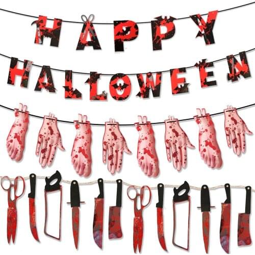 Halloween Decorations Paper Blood Knife Hands Feet Happy Halloween Holiday Banners Party Holiday Layout Supplies Decoration Flag