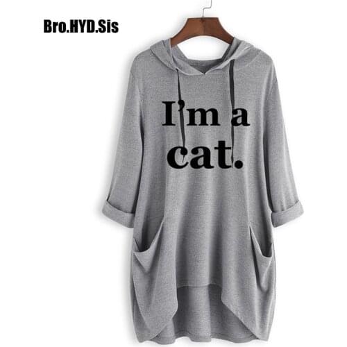 Cozy Women Knit Long Hoodies I'm a Cat Letter Print Ladies Sweatshirts Casual Hooded Pullovers Spring Autumn Girls Woman Tops