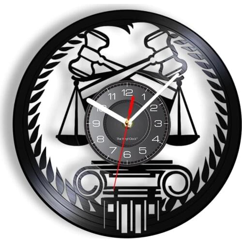 Scales of Justice Gavel Silent Quartz Wall Clock Judge Law Wall Art Vinyl Record Wall Watch Lawyer Office Decor Attorney Gift