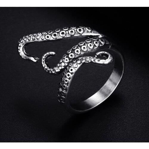 Vintage Octopus Tentacle Antique Silver Plated Punk Hiphop Rock Style Resizable Rings for Women Girl & Man Retro Party Jewelry