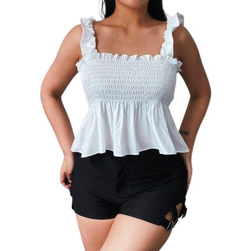 Women Summer Tank Tops, Solid Color/Leopard Print Square Neck Sleeveless Ruffled Vest for Girls