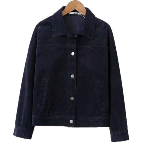 VSUE Women Corduroy Jacket Short Croped Turn Down Collar Button Camel Navy Blue Casual C0298