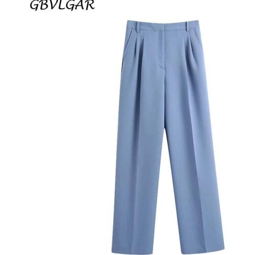 GBVLGAR Women 2021 Chic Casual Side Pockets Darted Wide Leg Blue Pants Vintage High Waist Zipper Fly Female Trousers Mujer