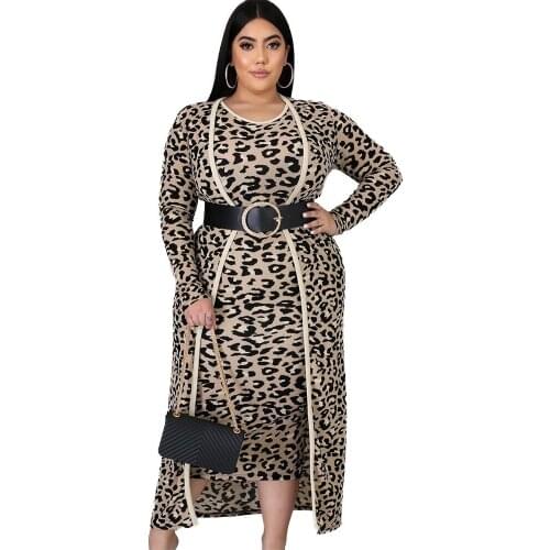 Adogirl Plus Size Women Leopard Print Two Pieces Set Long Sleeve Cardigan And Mid Calf Vest Dress Suit Casual Tracksuits Outfits