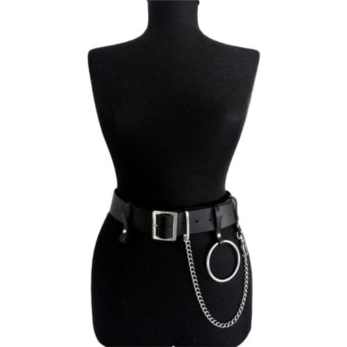 2019 Women Gothic Punk Waist Belt Chain Metal Circle Ring Design Silver Pin Buckle Leather Black Waistband Jeans Waist Belts