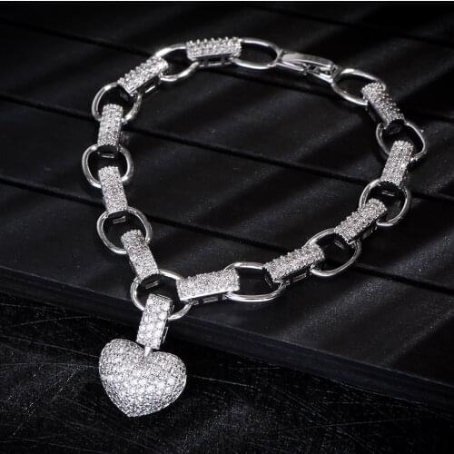 Luxury Heart Link Chain Bracelets Bangles Cubic Zircon CZ Vintage Bohemian Cuff Bracelets For Women Femme Fashion Jewelry S0750