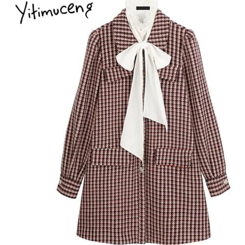 Yitimuceng Plaid Bow Dresses Women Mini A-Line Spring 2021 Square Collar Long Sleeve Single Breasted Loose Waist Office Lady
