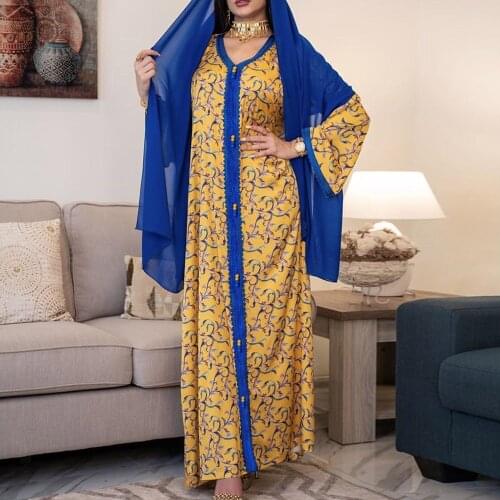 2021 Summer New Middle East Muslim Womens Dress Fashion Oversize Printing Loose Casual Color Contrast Long Sleeve V-neck