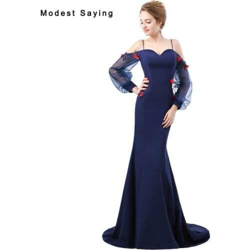 Sexy Blue Beaded Long Sleeve Evening Dresses 2018 with Straps Sexy Mermaid Flowers Evening Gowns Party Prom Gowns robe de soiree