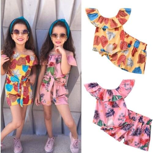 0-5Years Fashion Kids Girls Clothes Sets Flowers Printed Off Shoulder Ruffles Sleeve T Shirts Shorts