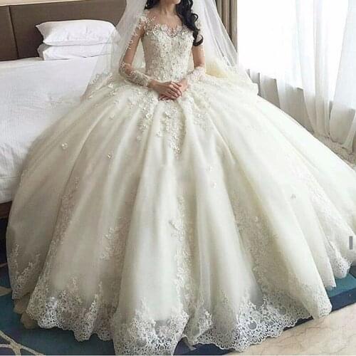 2020 abiti da sposa Romantic Ball Gown Wedding Dresses Long Sleeve Lace Appliques Bridal Gowns Vestido De Noiva Custom Made