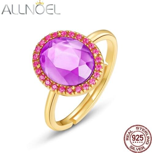 ALLNOEL Solid 925 Sterling Silver Adjustable Rings For Women Synthetic Amethyst Blue Crystal Fine Jewelry Candy Series Gift