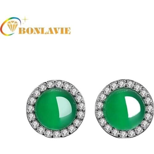 BONLAVIE Natural Chalcedony Green Earrings Female 925 Silver Jewelry Valentines Day Gifts