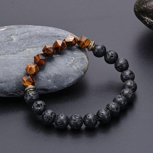 Natural Stone Beads Elastic Bracelet For Men Faces Tiger Eye Stone Lava Rock Onyx Beaded Health Bracelet Boyfriend Gifts Jewelry