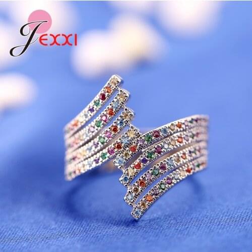 Geometric Shape 925 Sterling Silver Full Clear Micro Colorful Cubic Zirconia Wedding Party Rings Jewelry Women Anillos