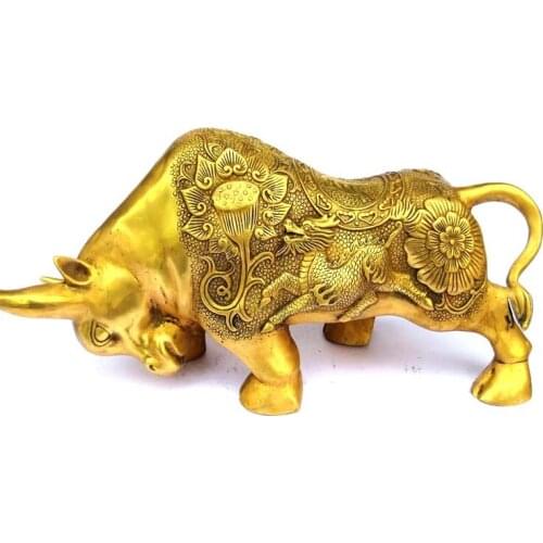 Exquisite Uniquel brass found kylin flower lotiform OX bull statue