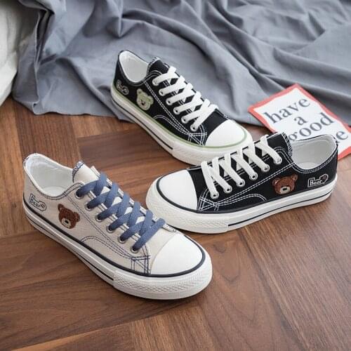 Cute Bear Embroidery Low Top Canvas Shoes 2021 Summer Women Lace-Up Breathable Casual Sneakers For Women Shoes Female Student