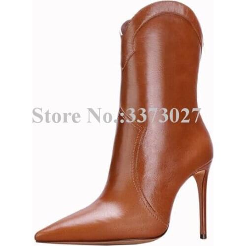 Brown Leather Women Short Boots Sexy Pointed Toe Stiletto Heel Black Ankle Boots Lady Large Size Party Boots Dropship Shoes