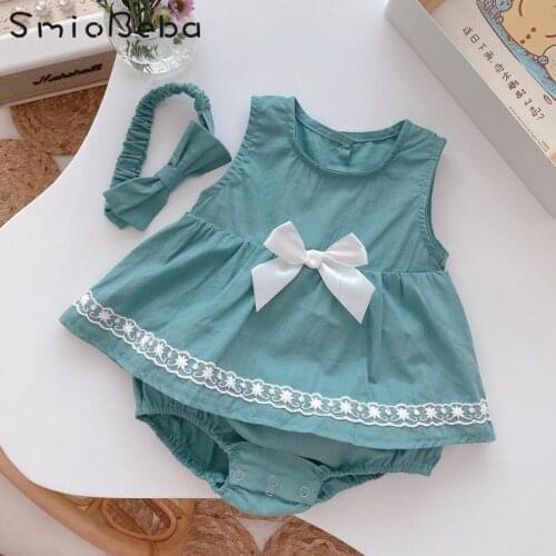 Linen Rompers With Headband For Girls Baby Dress Summer Newborn Sleeveless Princess Bag Fart Super Cute Green Lace Bow Jumpsuits