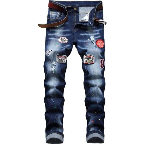 2021 Men’s Stylish Badge Decors Torn Hole Jeans,Splashed Ink Printing Denim Pants,Stretch Slim Fit Straight Casual Jeans