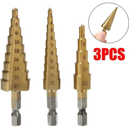 3pcs HSS Step Cone Drill Bits Set Titanium Coated Woodworking Hole Cutter 3-12/4-12/4-20mm Mayitr For Power Tools